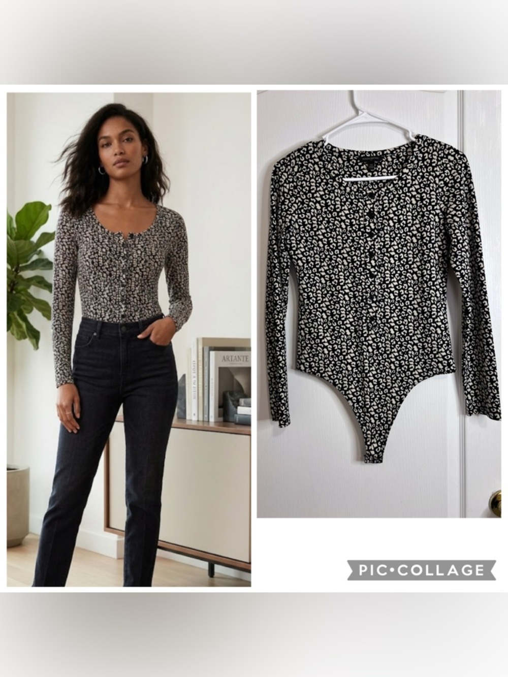 Banana Republic Black and White Long-Sleeve Printed Bodysuit size XS